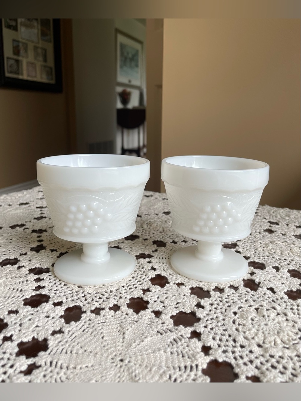 Vintage Milk Glass Pedestal Dessert Cups - 2pc Set